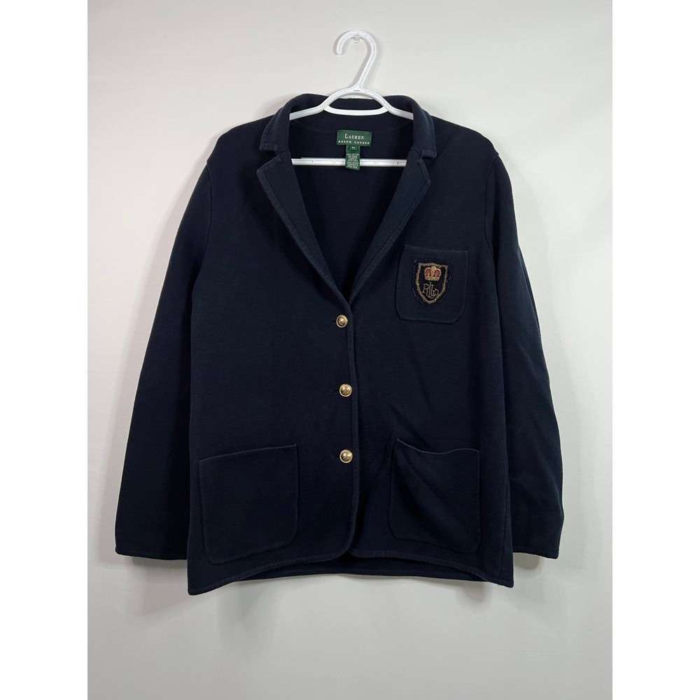 Ralph Lauren Navy Blue Gold Button Crest Cardigan Sweater